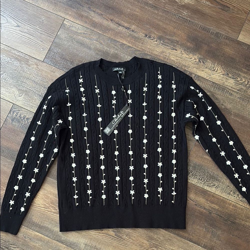 Floral Embroidery Knit Plush Crew Sweater - Daisy